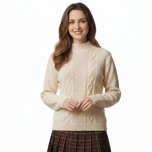 100% Cotton Sweater Cable Classic Knit Crewneck Sweater Light Cream Preppy